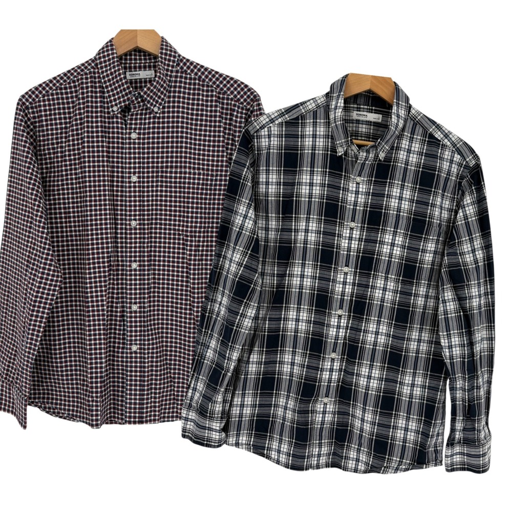 SONOMA‎ Set of 2 Men's Long Sleeve Button Down Shirt Red Blue Plaid Size Large